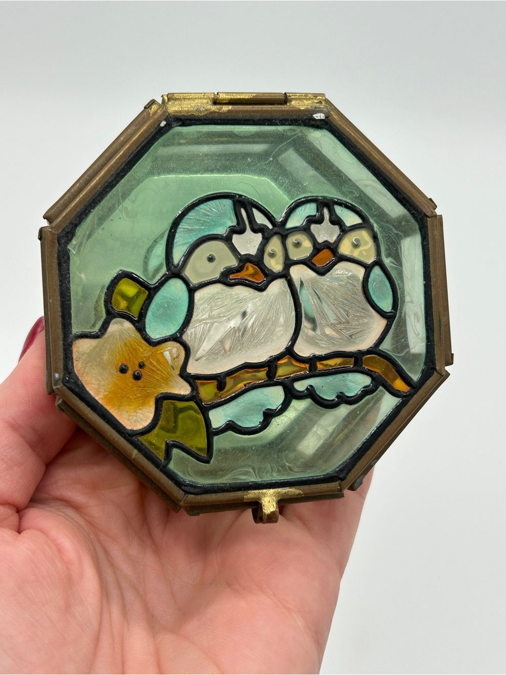 Vintage 1978 Starforms Canada Glass Brass Lovebirds Trinket Box Octagon Mexico